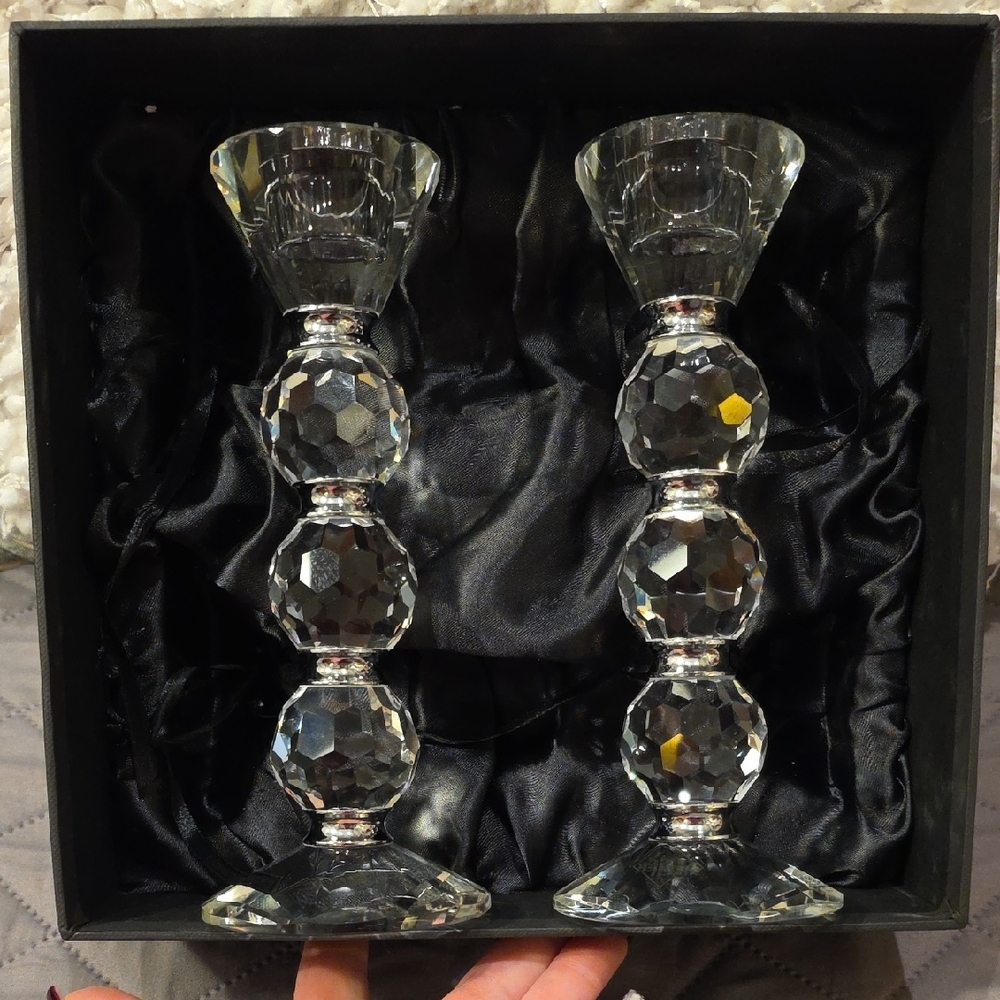 Shannon Afterglow Crystal Candlesticks Pair with Silver Accent Bands - Picture 5 of 13